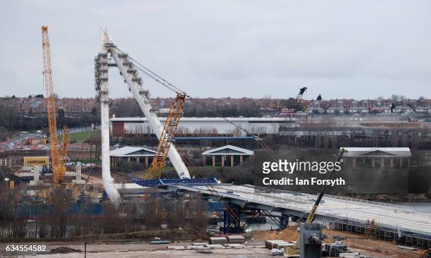 At the end of the first day the final 100 metre centrepiece of Sunderland's new River Wear crossing is lifted into place on February 10, 2017 in...