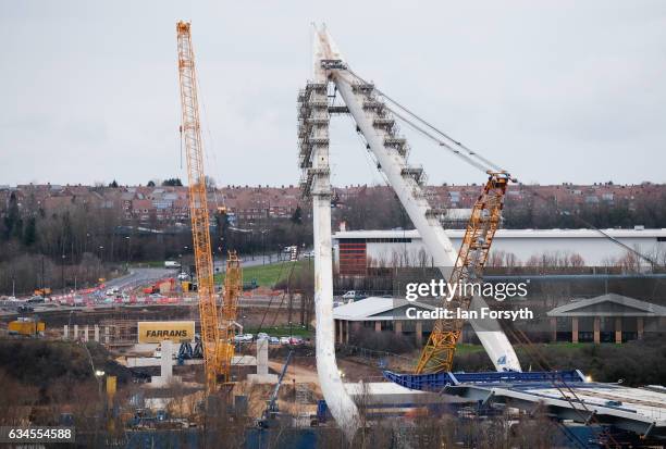 At the end of the first day the final 100 metre centrepiece of Sunderland's new River Wear crossing is lifted into place on February 10, 2017 in...