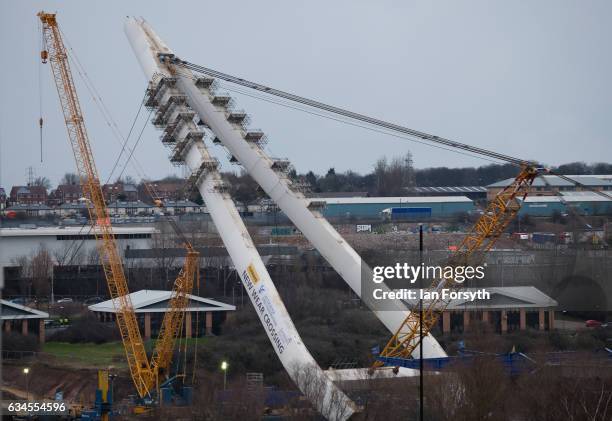 At the end of the first day the final 100 metre centrepiece of Sunderland's new River Wear crossing is lifted into place on February 10, 2017 in...