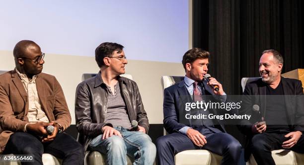 Barry Jenkins, Eric Heisserer, Taylor Sheridan and Todd Black attend the Writers Guild's Beyond Words 2017 reception at Writers Guild Theater on...