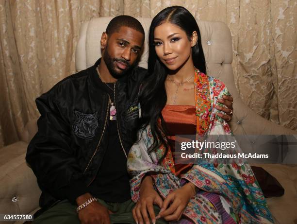 Big Sean and Jhene Aiko pose for a picture backstage at The MacArthur on February 9, 2017 in Los Angeles, California.