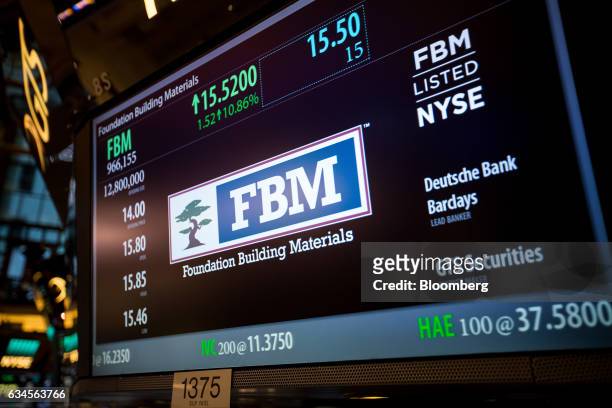 Foundation Building Materials LLC signage is displayed on a monitor during the company's initial public offering on the floor of the New York Stock...