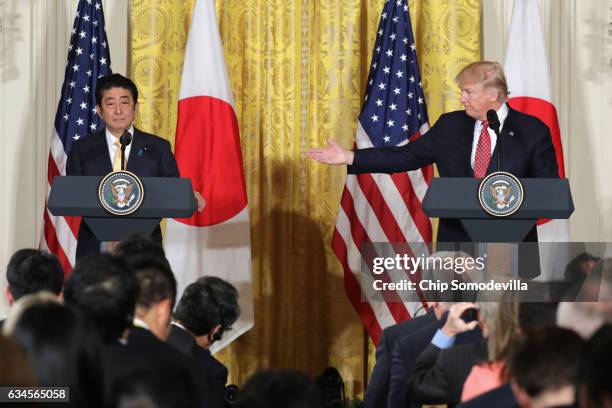 President Donald Trump holds a joint press conference with Japan Prime Minister Shinzo Abe in the East Room at the White House on February 10, 2017...