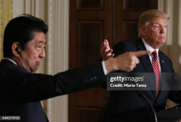 President Donald Trump and Japanese Prime Minister Shinzo Abe hold a joint press conference at the White House on February 10, 2017 in Washington,...