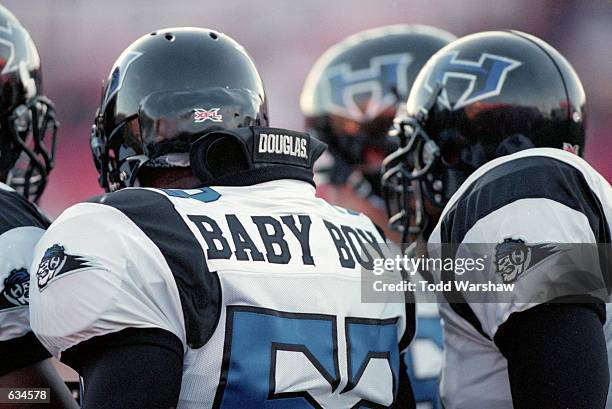 Haven Fields of the New York/New Jersey Hitmen stands in the team huddleduring the game against the Las Vegas Outlaws at the Sam Boyd Stadium in Las...