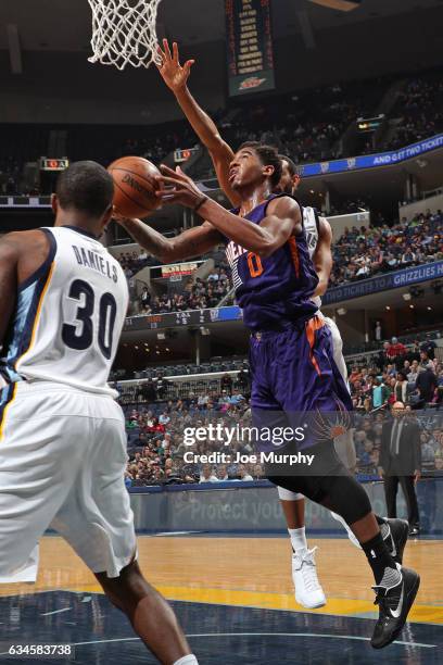 Marquese Chriss of the Phoenix Suns drives to the basket against the Memphis Grizzlies on February 8, 2017 at FedExForum in Memphis, Tennessee. NOTE...