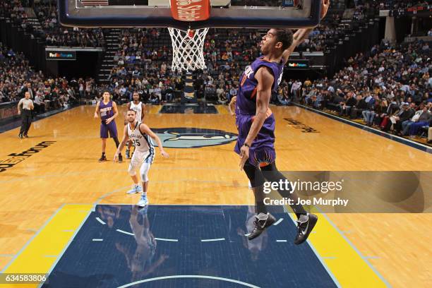 Marquese Chriss of the Phoenix Suns dunks the ball against the Memphis Grizzlies on February 8, 2017 at FedExForum in Memphis, Tennessee. NOTE TO...