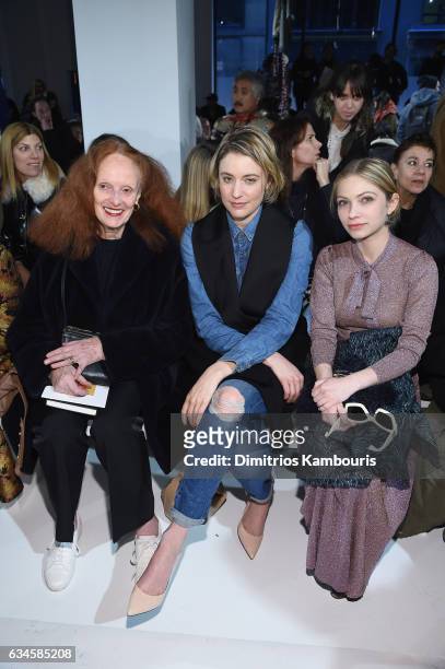 Grace Coddington, Greta Gerwig and a guest attend the Calvin Klein Collection Front Row during New York Fashion Week on February 10, 2017 in New York...