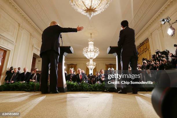 President Donald Trump and Japanese Prime Minister Shinzo Abe hold a joint news conference in the East Room at the White House February 10, 2017 in...