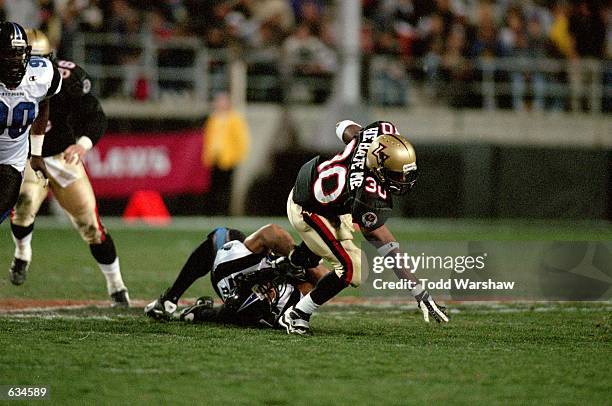 Rod Smart of the Las Vegas Outlaws gets tackled during the game against the New York/New Jersey Hitmen at the Sam Boyd Stadium in Las Vegas, Nevada....