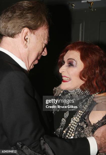 Composer Sir Andrew Lloyd Webber and Glenn Close as "Norma Desmond" pose backstage on Opening Night of "Sunset Boulevard" on Broadway at The Palace...