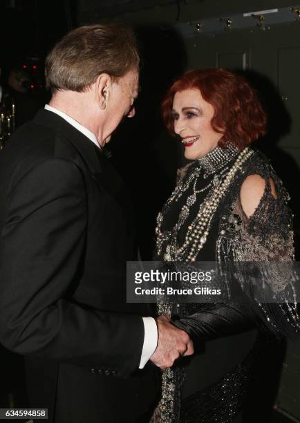 Composer Sir Andrew Lloyd Webber and Glenn Close as "Norma Desmond" pose backstage on Opening Night of "Sunset Boulevard" on Broadway at The Palace...