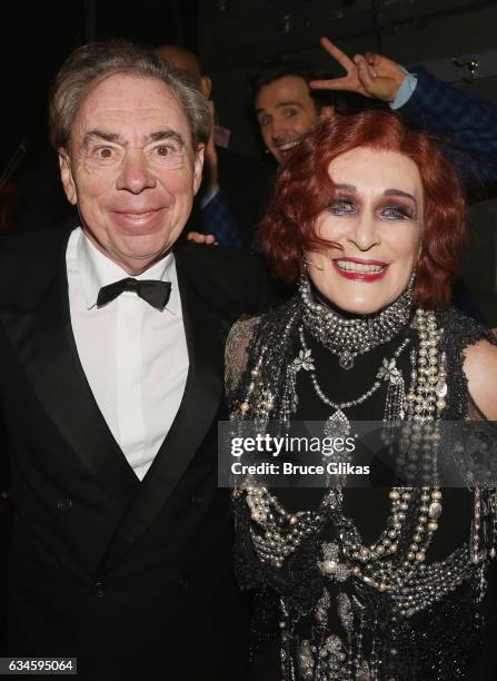 Composer Sir Andrew Lloyd Webber and Glenn Close as "Norma Desmond" pose backstage on Opening Night of "Sunset Boulevard" on Broadway at The Palace...