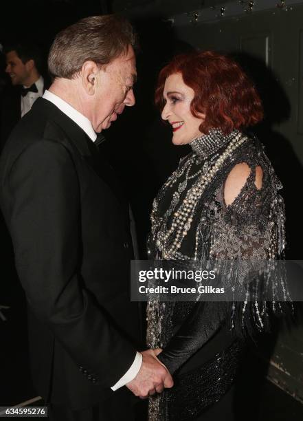 Composer Sir Andrew Lloyd Webber and Glenn Close as "Norma Desmond" pose backstage on Opening Night of "Sunset Boulevard" on Broadway at The Palace...