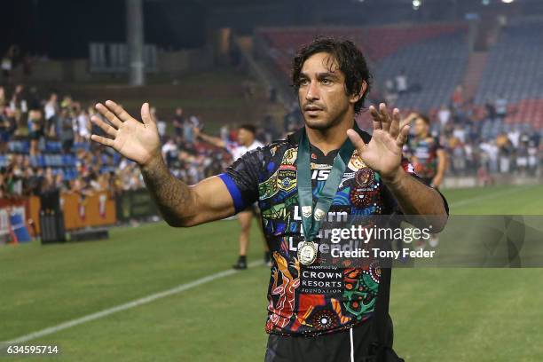 Johnathan Thurston of the Indigenous All Stars with the man of the match medal during the NRL All Stars match between the 2017 Harvey Norman All...