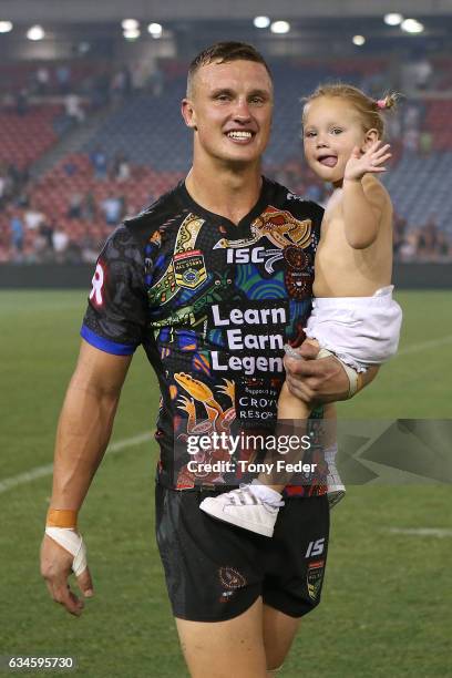 Jack Wighton of the Indigenous All Stars with his daughter during the NRL All Stars match between the 2017 Harvey Norman All Stars and the NRL World...