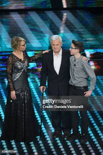 Maria De Filippi, Gaetano Moscato and Filippo attend the fourth night of the 67th Sanremo Festival 2017 at Teatro Ariston on February 10, 2017 in...