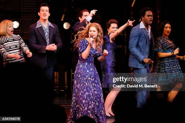 Cast members including Cassidy Janson bow at the curtain call during the 2nd birthday gala performance of "Beautiful: The Carole King Musical" at The...