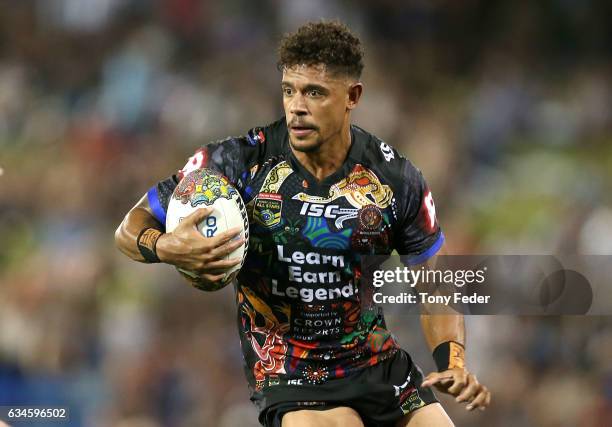 Dane Gagai of the Indigenous All Stars runs the ball during the NRL All Stars match between the 2017 Harvey Norman All Stars and the NRL World All...