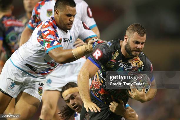 Wade Graham of the Indigenous All Stars is tackled during the NRL All Stars match between the 2017 Harvey Norman All Stars and the NRL World All...