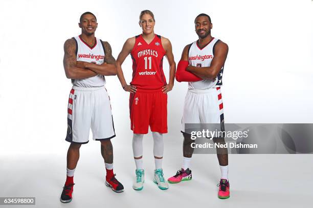 Elena Delle Donne of the Washington Mysitcs poses with Bradley Beal and John Wall of the Washington Wizards on February 10, 2017 at Verizon Center in...