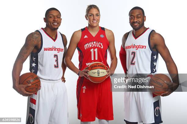 Elena Delle Donne of the Washington Mysitcs poses with Bradley Beal and John Wall of the Washington Wizards on February 10, 2017 at Verizon Center in...