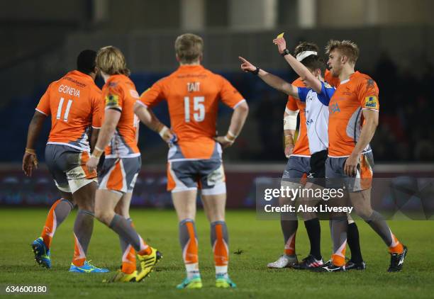 Vereniki Goneva of Newcastle Falcons is sent to the sin bin by referee Craig Maxwell-Keys during the Aviva Premiership match between Sale Sharks and...