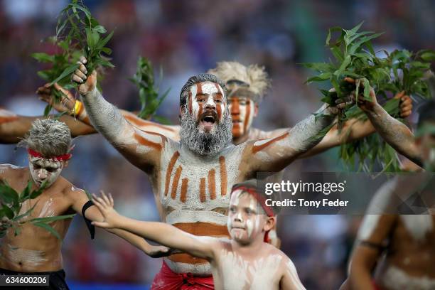 Indigenous dancers perform before the start of the game during the NRL All Stars match between the 2017 Harvey Norman All Stars and the NRL World All...