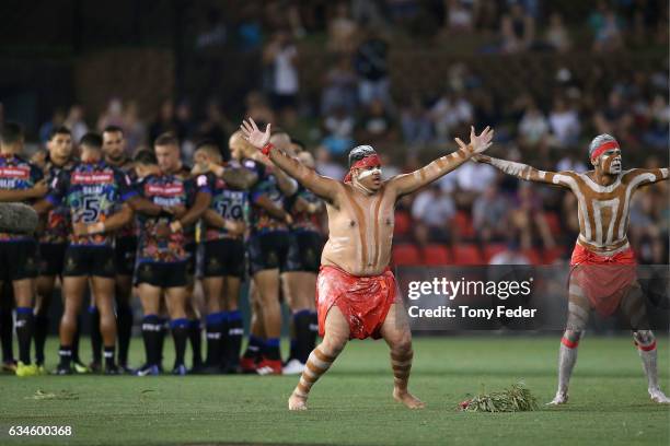 Indigenous dancers perform before the start of the game during the NRL All Stars match between the 2017 Harvey Norman All Stars and the NRL World All...