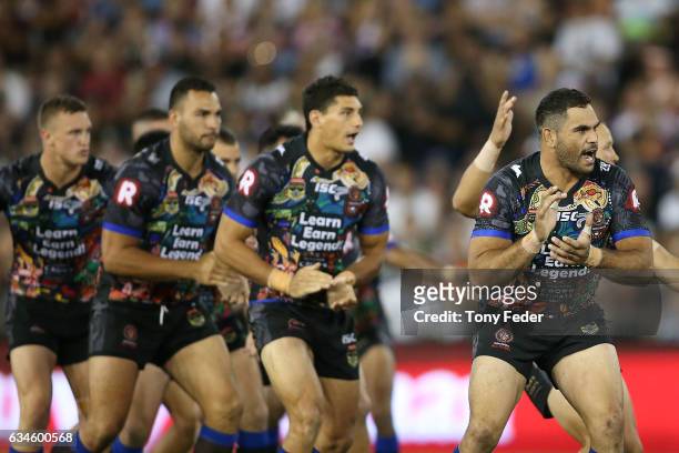 Greg Inglis of the Indigenous All Stars leads the war cry during the NRL All Stars match between the 2017 Harvey Norman All Stars and the NRL World...