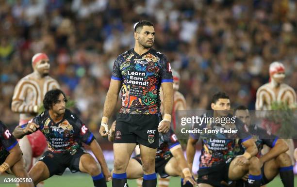 Greg Inglis of the Indigenous All Stars leads the war cry during the NRL All Stars match between the 2017 Harvey Norman All Stars and the NRL World...