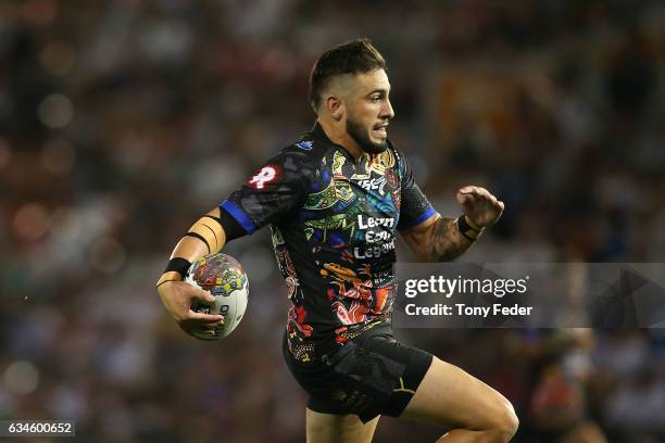 Jack Bird of the indigenous All Stars runs in to score a try during the NRL All Stars match between the 2017 Harvey Norman All Stars and the NRL...