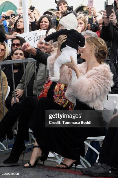 Behati Prinsloo and Dusty Rose Levine attend a ceremony honoring Adam Levine with Star On The Hollywood Walk Of Fame on February 10, 2017 in...