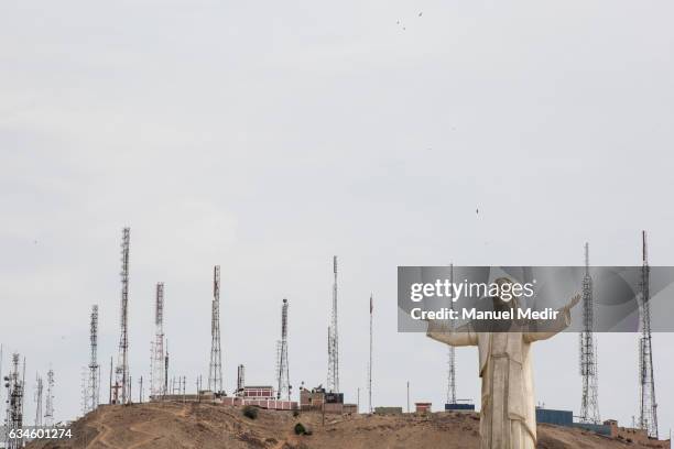 View of the Christ of the Pacific, a replica of Rio de Janeiro's Cristo Redentor donated by Odebrecht, on February 10, 2017 in Lima, Peru. After a...