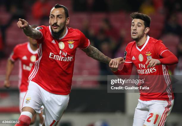 BenficaÕs forward from Greece Kostas Mitroglou celebrates with teammate SL BenficaÕs midfielder Pizzi after scoring a goal during the Primeira Liga...