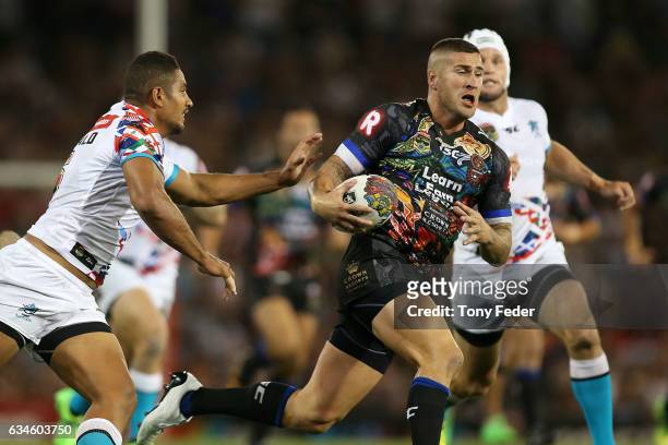 Joel Thompson of the Indigenous All Stars runs the ball during the NRL All Stars match between the 2017 Harvey Norman All Stars and the NRL World All...