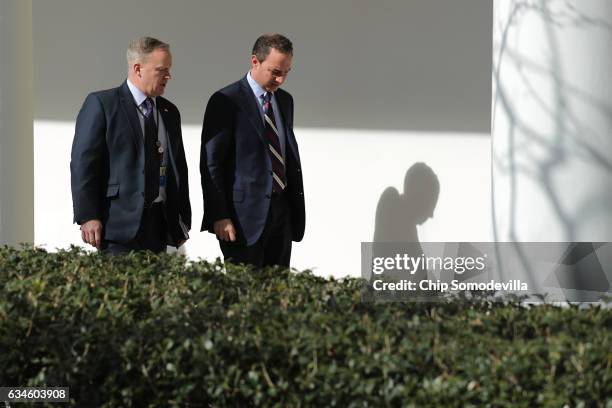 White House Press Secretary Sean Spicer and White House Chief of Staff Reince Priebus walk down the West Wing Colonnade following a bilateral meeting...