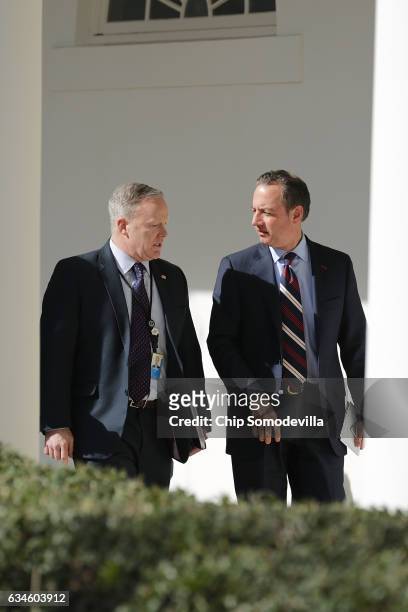 White House Press Secretary Sean Spicer and White House Chief of Staff Reince Priebus walk down the West Wing Colonnade following a bilateral meeting...