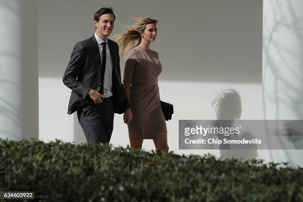 White House Senior Advisor to the President for Strategic Planning Jared Kushner and his wife and President Donald Trump's daughter Ivanka Trump walk...