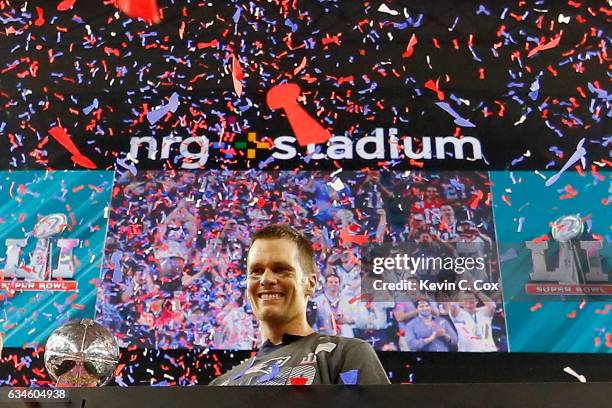 Tom Brady of the New England Patriots celebrates after the Patriots celebrates after the Patriots defeat the Atlanta Falcons 34-28 during Super Bowl...