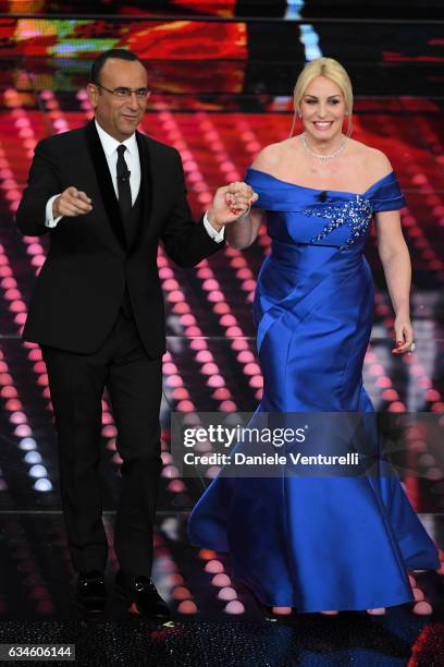 Carlo Conti and Antonella Clerici attend the fourth night of the 67th Sanremo Festival 2017 at Teatro Ariston on February 10, 2017 in Sanremo, Italy.