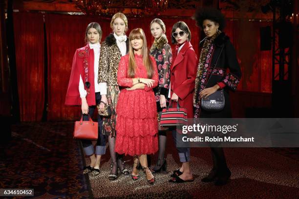 Kate spade Chief Creative Officer Deborah Lloyd poses with models wearing the Spring 2017 collection at kate spade new york Spring 2017 Fashion...