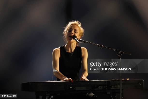 Danish singer Agnes Obel perfoms on stage for a tribute to late Canadian composer and singer Leonard Cohen during the 32nd Victoires de la Musique,...