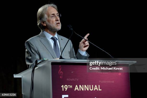 National Academy of Recording Arts and Sciences President Neil Portnow presents onstage at the Entertainment Law Initiative on February 10, 2017 in...