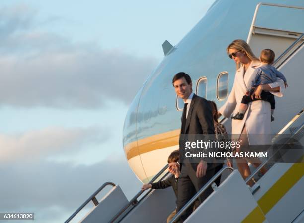 Ivanka Trump, daughter of US President Donald Trump, her husband Jared Kushner, senior adviser to Trump, and their children walk off Air Force One at...
