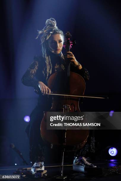 French violoncellist of the L.E.J band Juliette Saumagne performs on stage with her band during the 32nd Victoires de la Musique, the annual French...