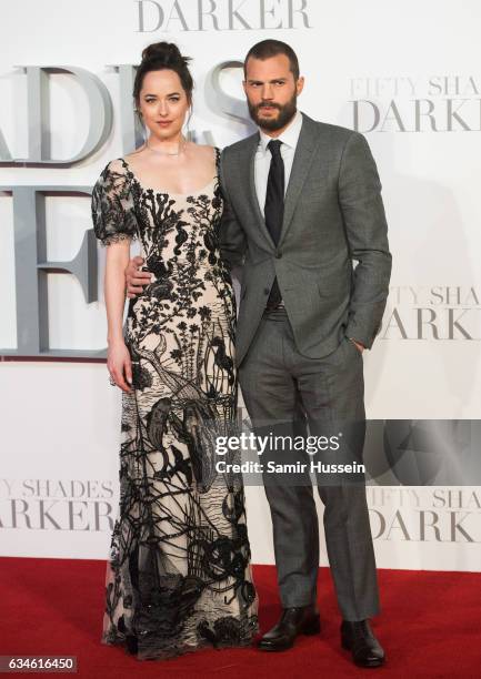 Jamie Dornan and Dakota Johnson attend the "Fifty Shades Darker" - UK Premiere on February 9, 2017 in London, United Kingdom.