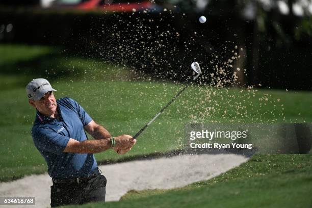 Paul McGinley hits a bunker shot on the fourth hole during the first round of the PGA TOUR Champions Allianz Championship at The Old Course at Broken...