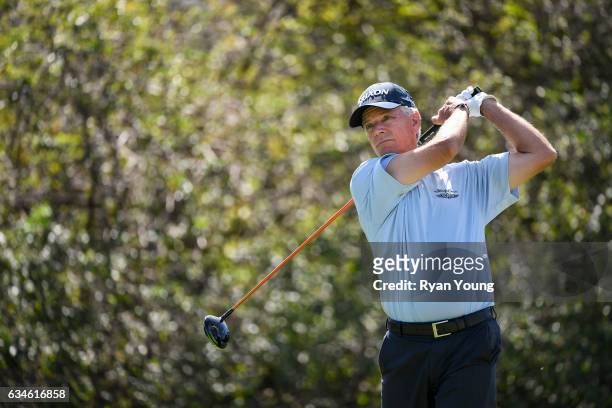 Larry Mize tees off on the ninth hole during the first round of the PGA TOUR Champions Allianz Championship at The Old Course at Broken Sound on...