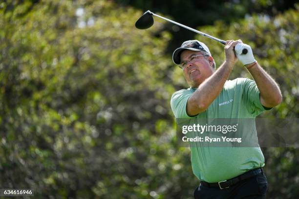 Kenny Perry tees off on the ninth hole during the first round of the PGA TOUR Champions Allianz Championship at The Old Course at Broken Sound on...